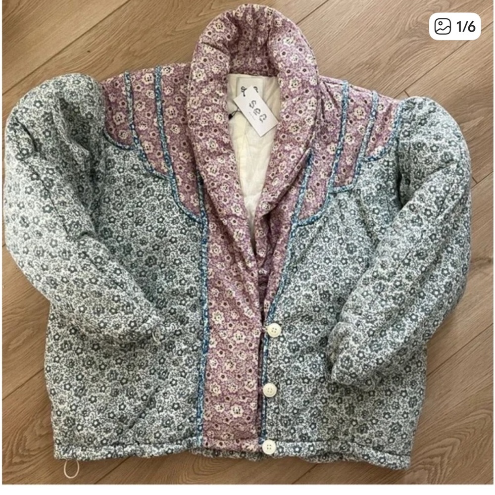 Sea New York Floral Patchwork Puffer Jacket - Pink and Gray